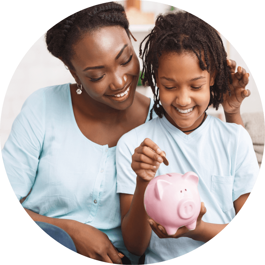 mom and son with piggy bank