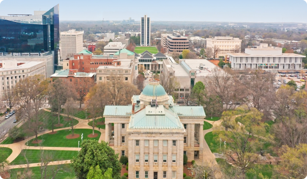 Aerial view of Capital Square in Downtown Raleigh with the SECU building in the background